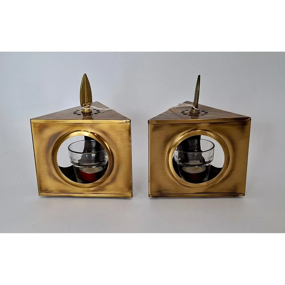 Vintage Copper Craft Solid Brass Triangular Candle Lanterns Votive Holders Pair